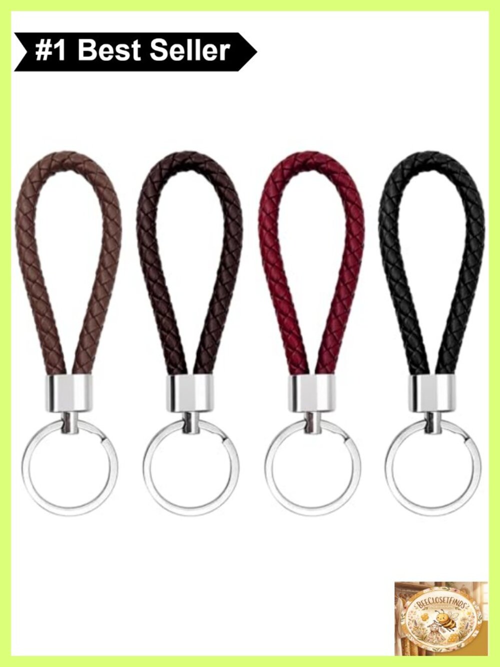 4pc PU Leather Key Fob Set Metal Ring Woven Strap Keychain
